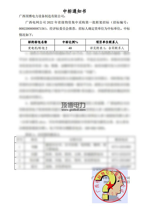 广西电网公司2022年省级物资集中采购尊龙凯时组中标通知书